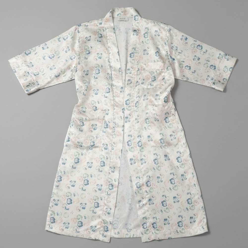 Body Drama Floral‎ Satin Robe, Vintage Large Pastel Blue Pink Kimono Sleepwear